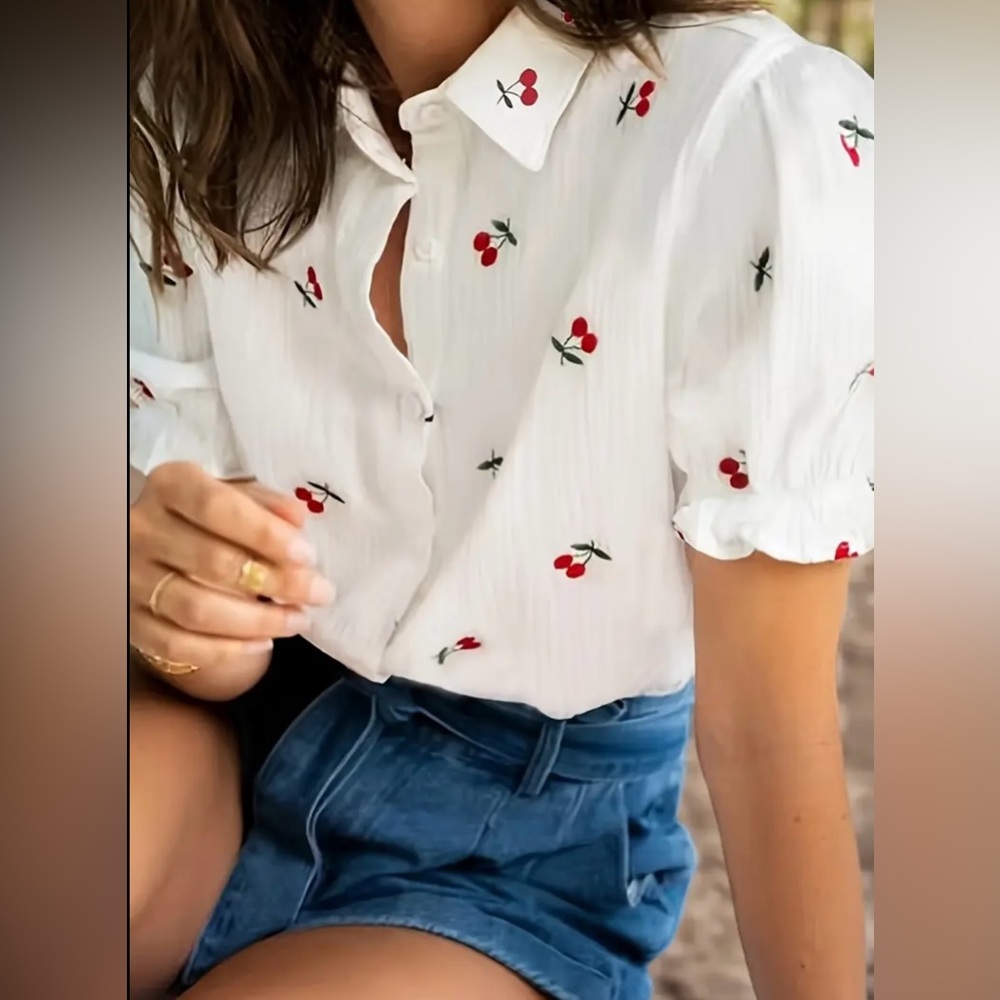 NEW Cherry Embroidered White Blouse